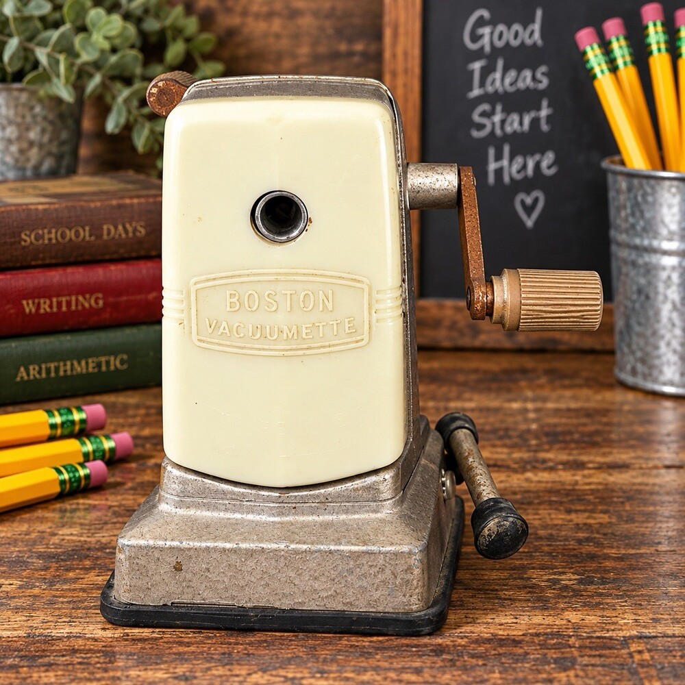 Vintage Boston Vacuumette Pencil Sharpener Hand Crank Suction Base Cream USA